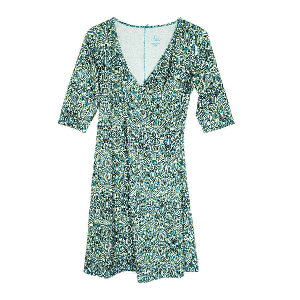 Prana Nadia Veeda Dress M Blue Green Printed Faux Wrap V-Neck Athleisure